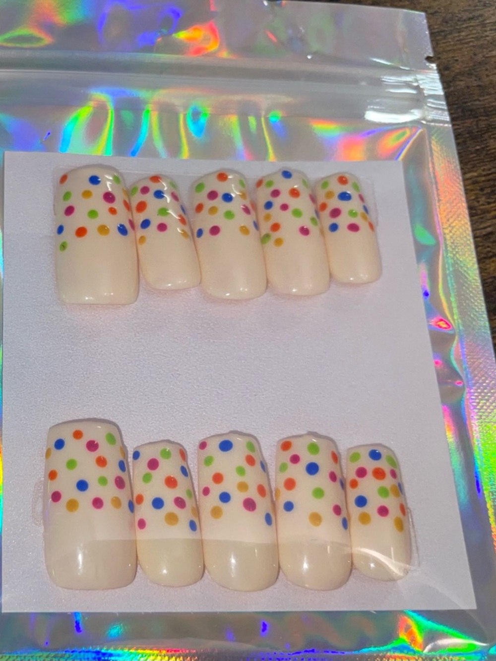 Cream Press-On Nails with Multicolor Dot Design